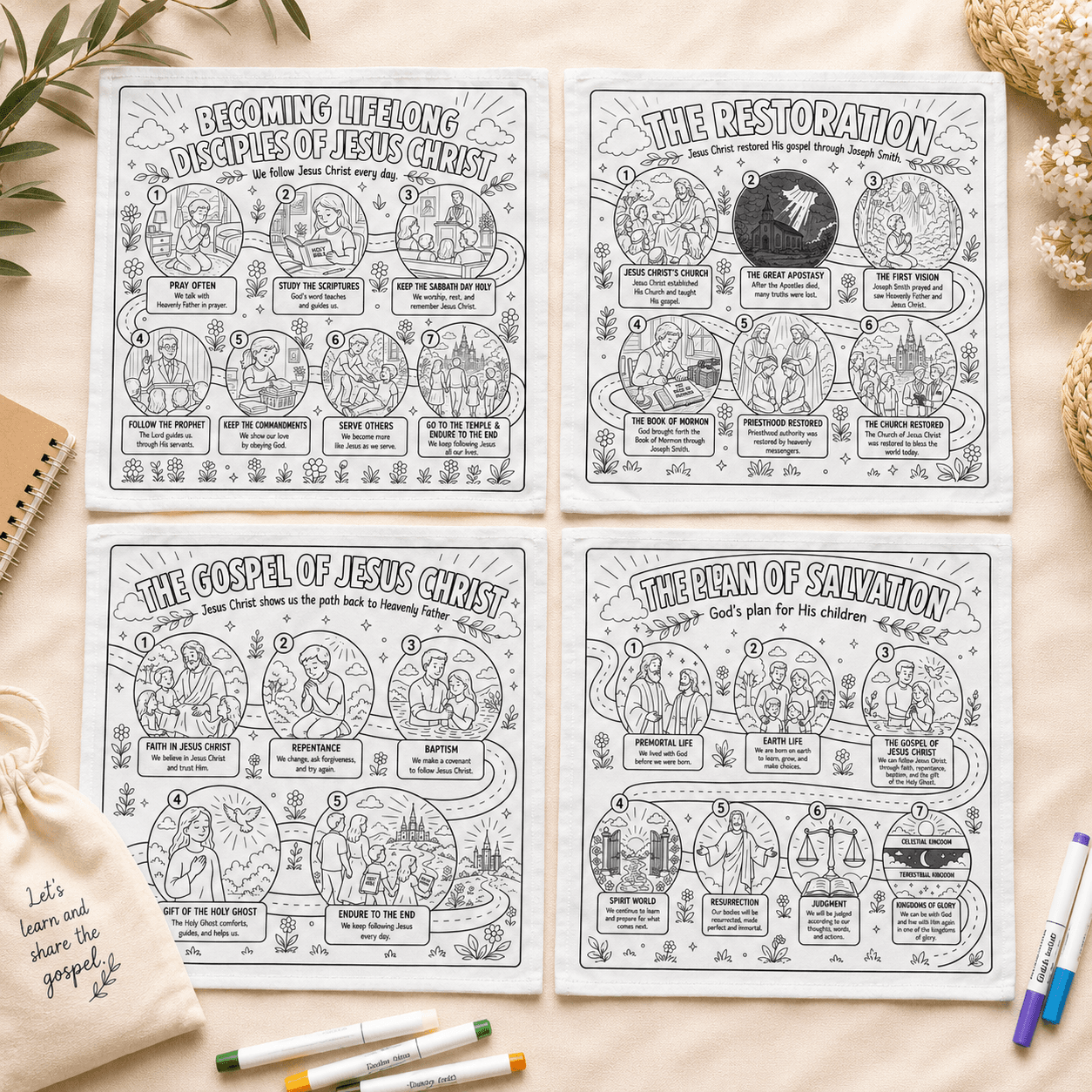 Four reusable fabric lesson guides arranged with washable markers